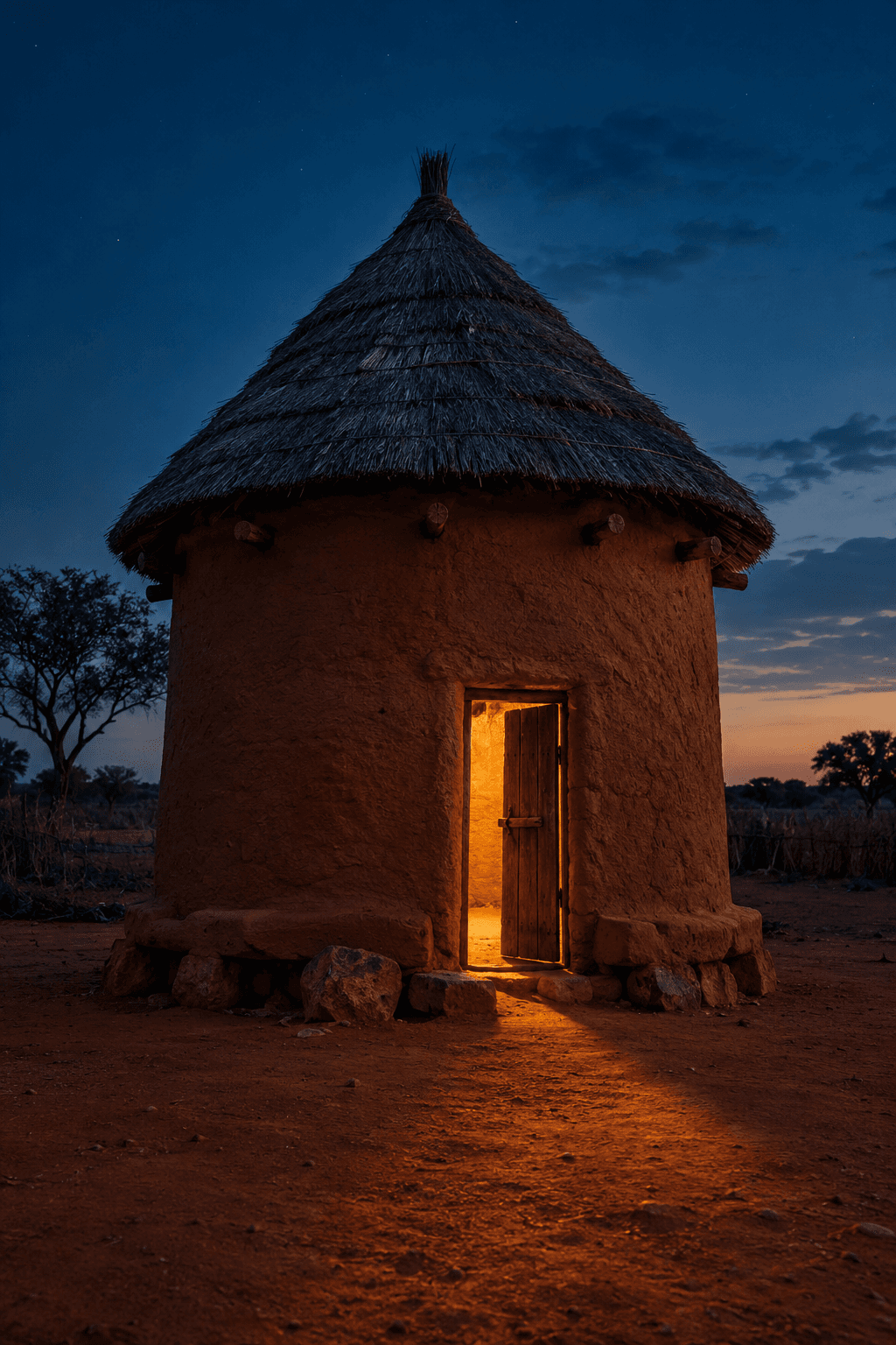 Grenier traditionnel sahélien au crépuscule, porte entrouverte laissant échapper une lumière dorée